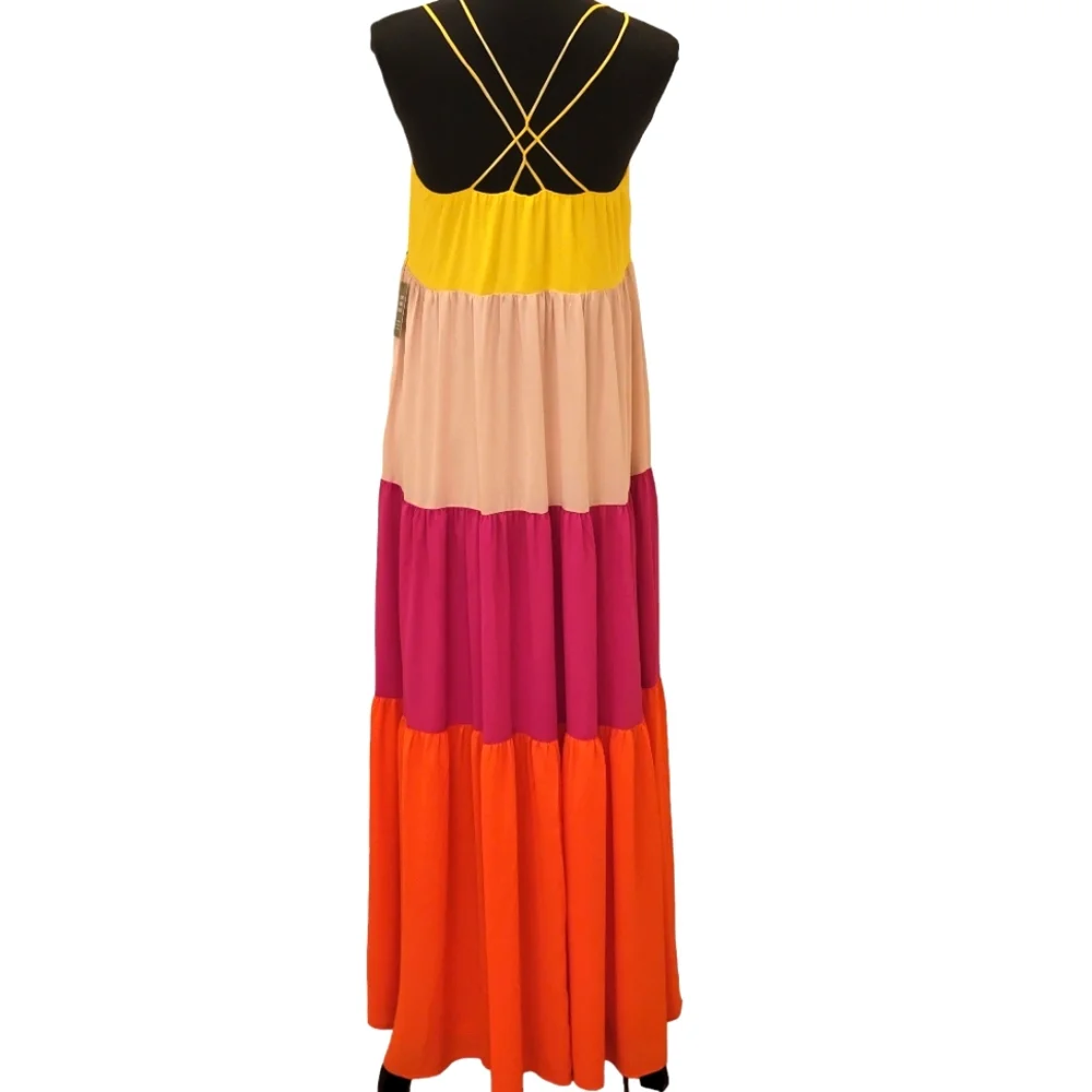 Express Tiered Spaghetti Straps Kriss Kross Back Colorblock Maxi Dress